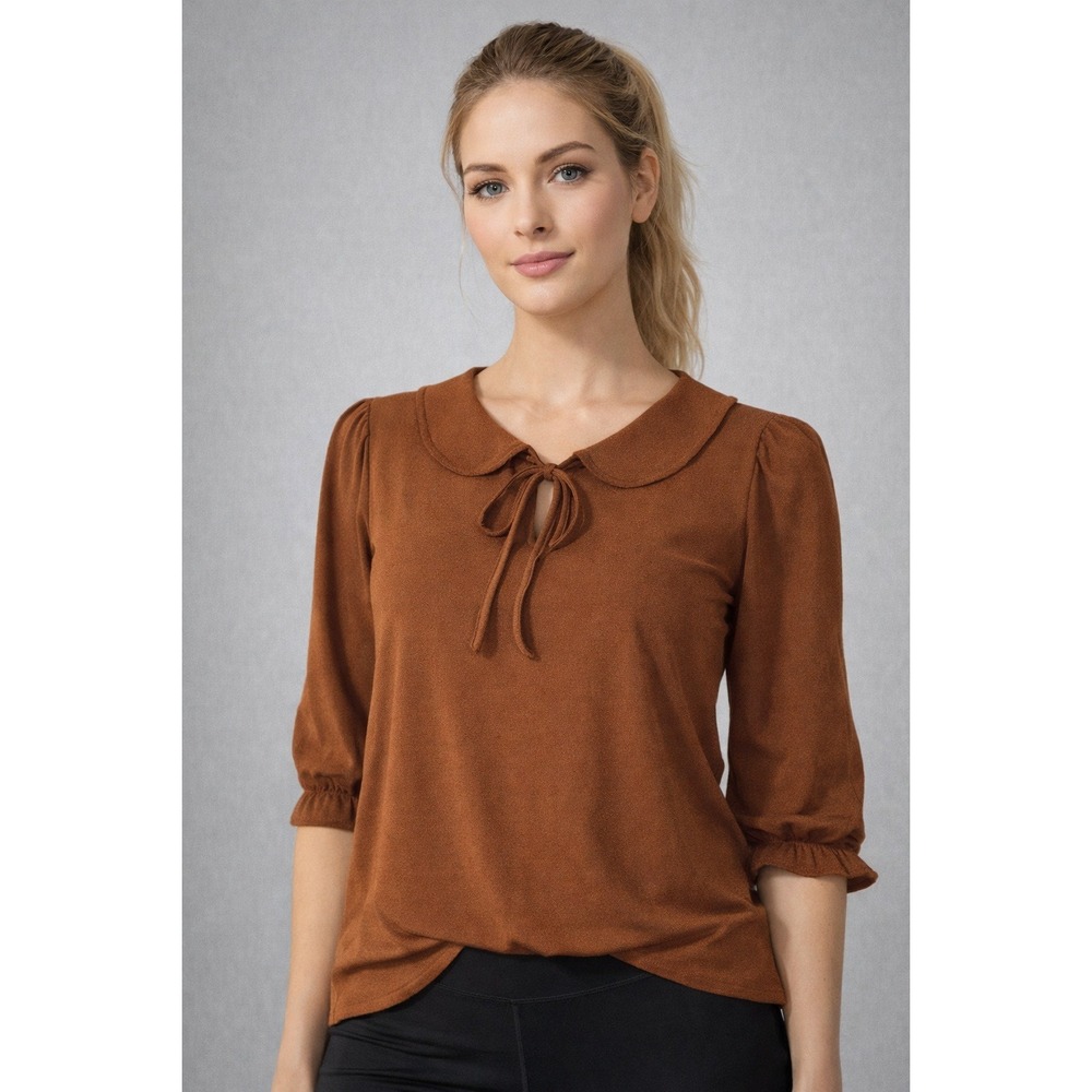 Monteau Los Angeles Rust Brown Peter‎ Pan Collar Tie Front Puff Sleeve Blouse M